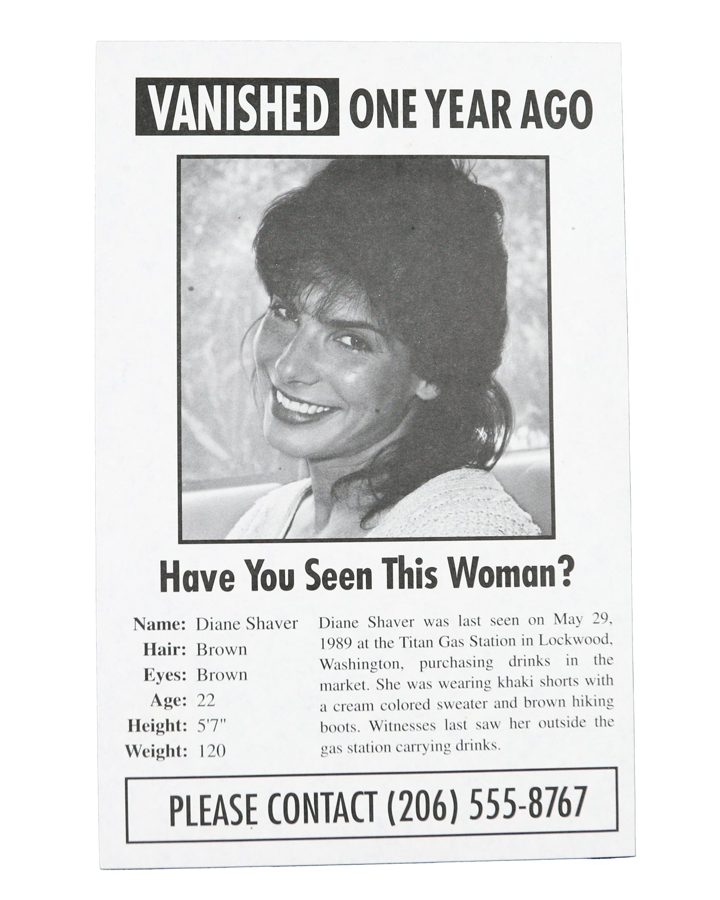 "The Vanishing" Prop Diane Shaver (Sandra Bullock) Missing Person Flyer