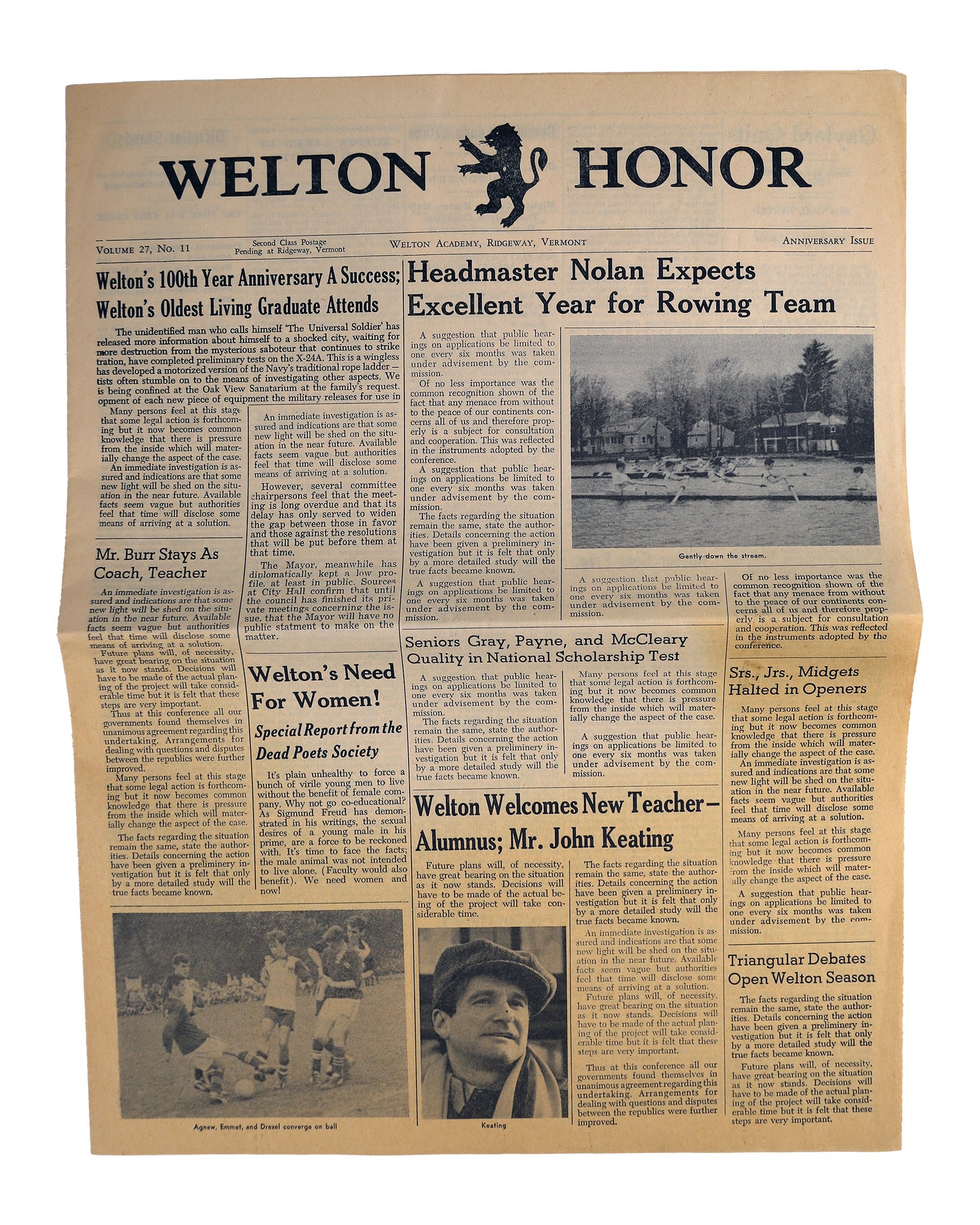 "Dead Poets Society" Prop "Welton Honor" Newspaper