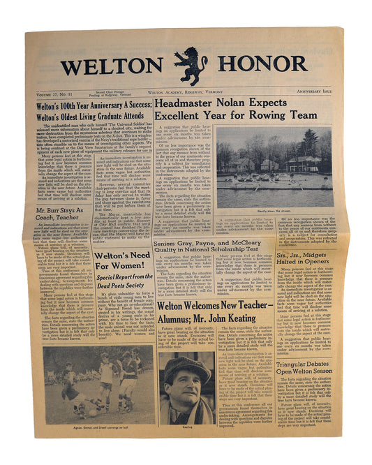 "Dead Poets Society" Prop "Welton Honor" Newspaper