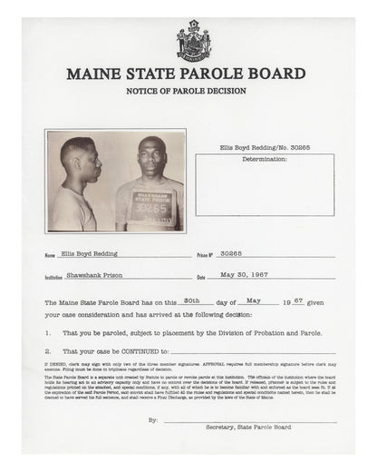 "The Shawshank Redemption" Red Redding's (Morgan Freeman) Notice of Parole Decision